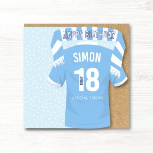 Personalised Handmade Football Birthday Card, Manchester City Colours, Any Age, Any Relation