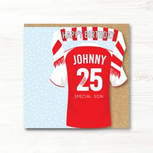 Personalised Handmade Football Birthday Card, Arsenal Colours, Any Age, Any Relation