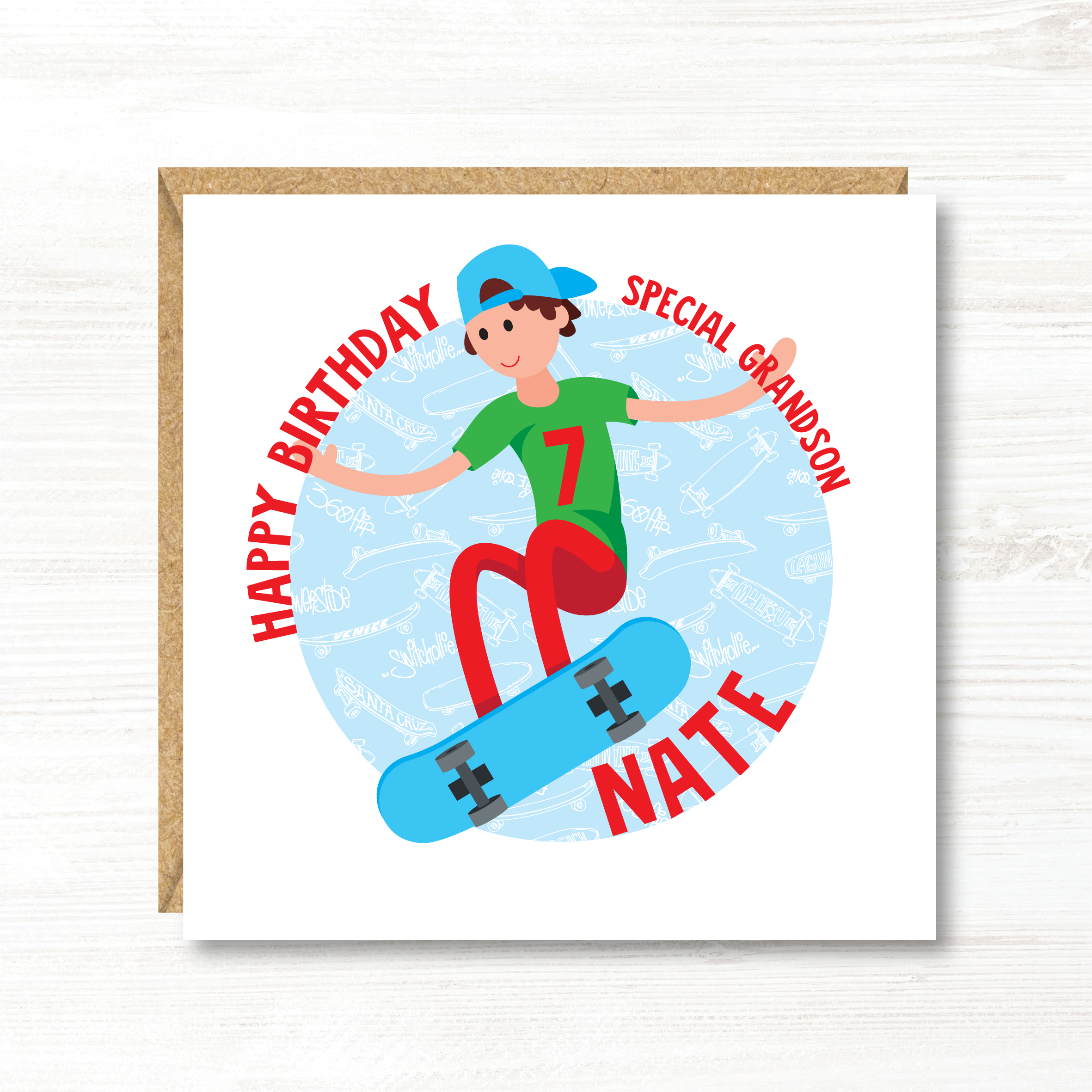 Personalised Boy Skateboard Birthday Card, Any Age, Any Relation