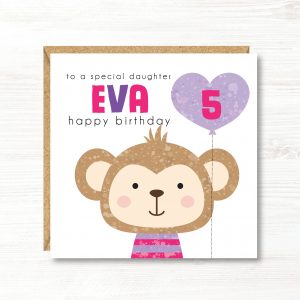 Personalised Girl Monkey Birthday Card, Any Age, Any Relation