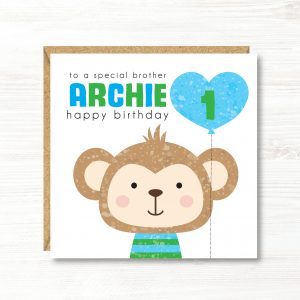 Personalised Boys Monkey Birthday Card 1st 2nd 3rd 4th 5th 6th 7th 8th 9th 10th, Any Relation