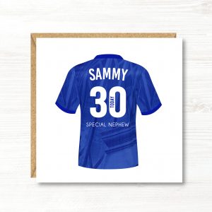 Personalised Football Birthday Card, Chelsea Colours, Any Age, Any Relation