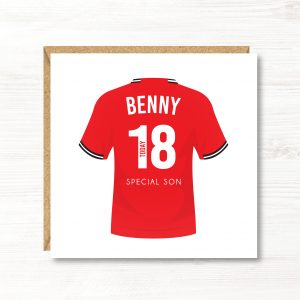 Personalised Football Birthday Card, Manchester United Colours, Any Age, Any Relation