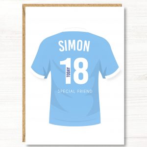 A5 Large Personalised Football Birthday Card, Manchester City Colours, Any Age, Any Relation