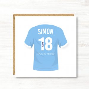 Personalised Football Birthday Card, Manchester City Colours, Any Age, Any Relation