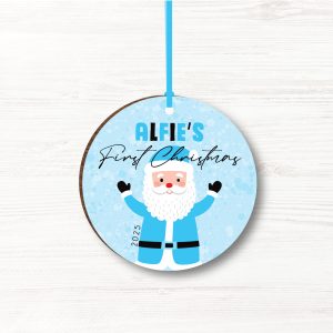Personalised Father Christmas Wooden Baby Boys First Christmas Bauble, Gift
