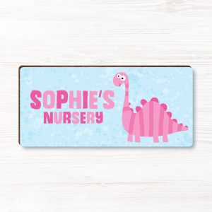 Personalised Dinosaur Baby Girls Wooden Bedroom, Nursery, Door Sign, Plaque, Gift