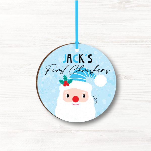 Personalised Father Christmas Wooden Baby Boys First Christmas Bauble, Gift