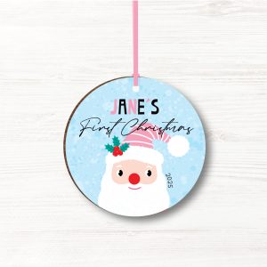 Personalised Father Christmas Wooden Baby Girls First Christmas Bauble, Gift