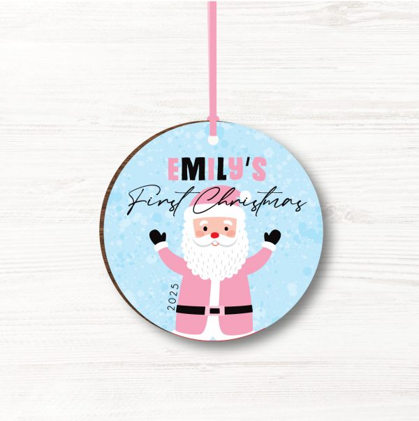 Personalised Father Christmas Wooden Baby Girls First Christmas Bauble, Gift