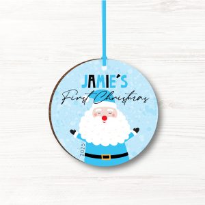 Personalised Father Christmas Wooden Baby Boys First Christmas Bauble, Gift