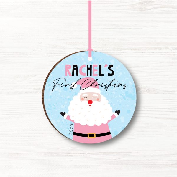 Personalised Father Christmas Wooden Baby Girls First Christmas Bauble, Gift