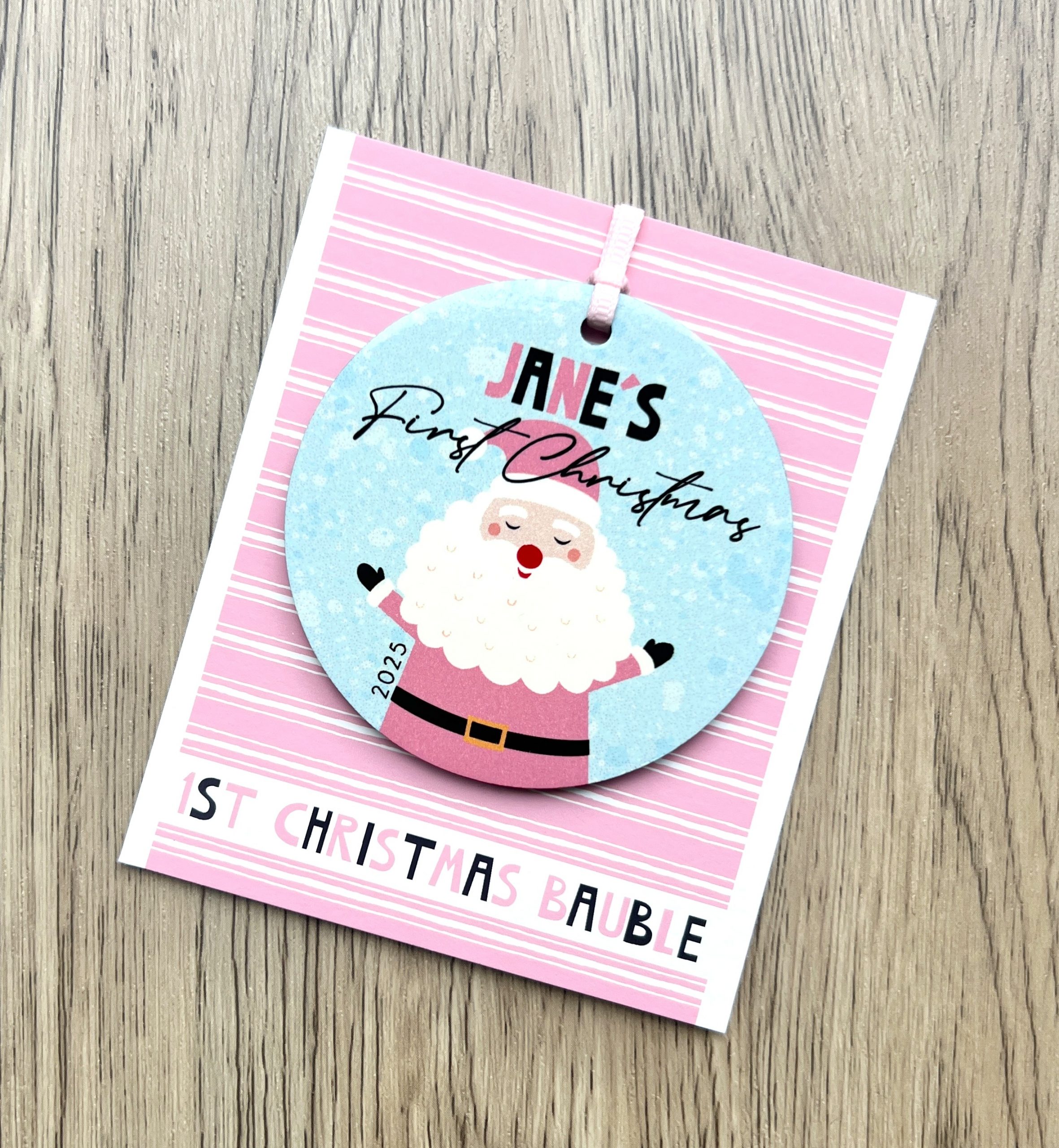 Personalised Father Christmas Wooden Baby Girls First Christmas Bauble, Gift - Image 2