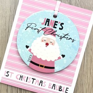 Personalised Father Christmas Wooden Baby Girls First Christmas Bauble, Gift