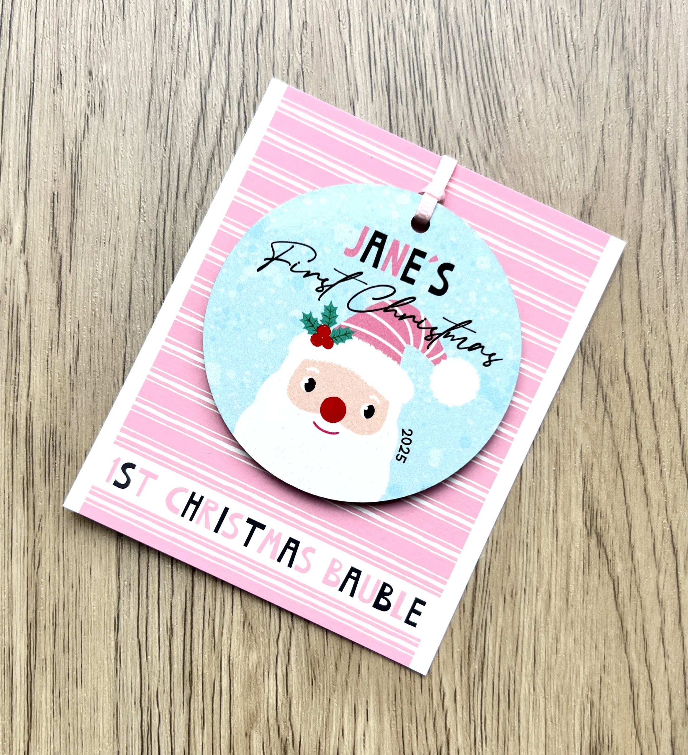 Personalised Father Christmas Wooden Baby Girls First Christmas Bauble, Gift - Image 2