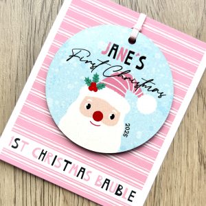 Personalised Father Christmas Wooden Baby Girls First Christmas Bauble, Gift
