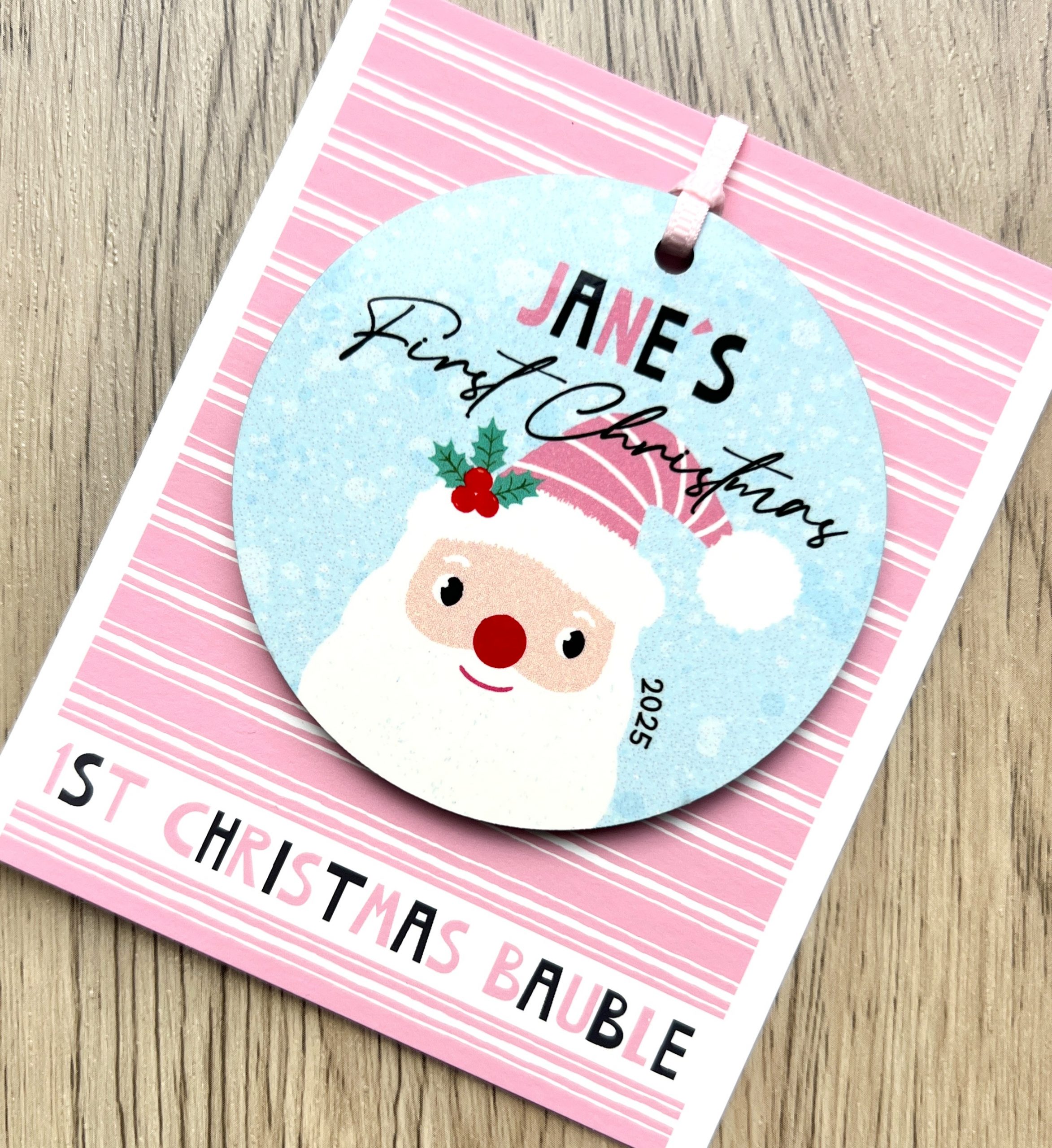 Personalised Father Christmas Wooden Baby Girls First Christmas Bauble, Gift
