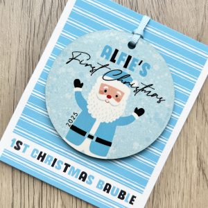 Personalised Father Christmas Wooden Baby Boys First Christmas Bauble, Gift