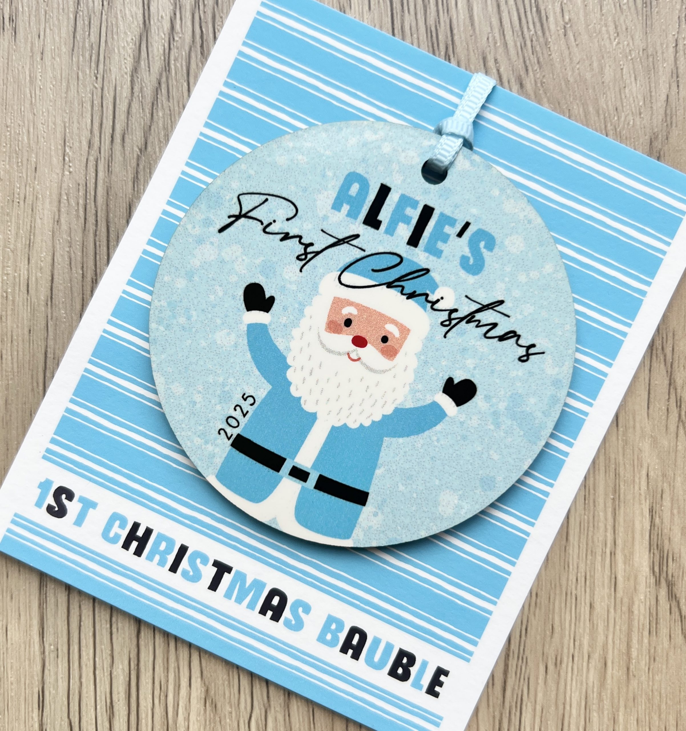 Personalised Father Christmas Wooden Baby Boys First Christmas Bauble, Gift