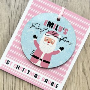 Personalised Father Christmas Wooden Baby Girls First Christmas Bauble, Gift