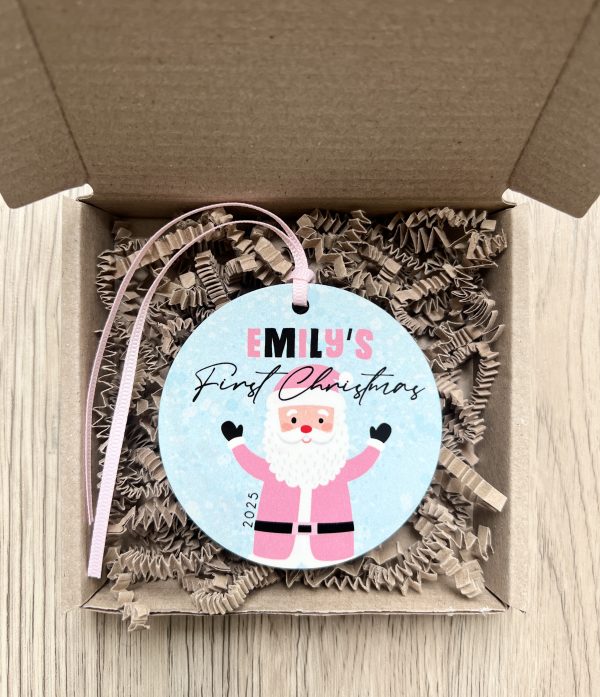 Personalised Father Christmas Wooden Baby Girls First Christmas Bauble, Gift - Image 3