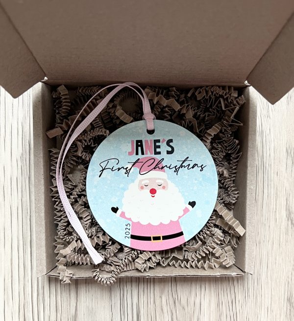 Personalised Father Christmas Wooden Baby Girls First Christmas Bauble, Gift - Image 3