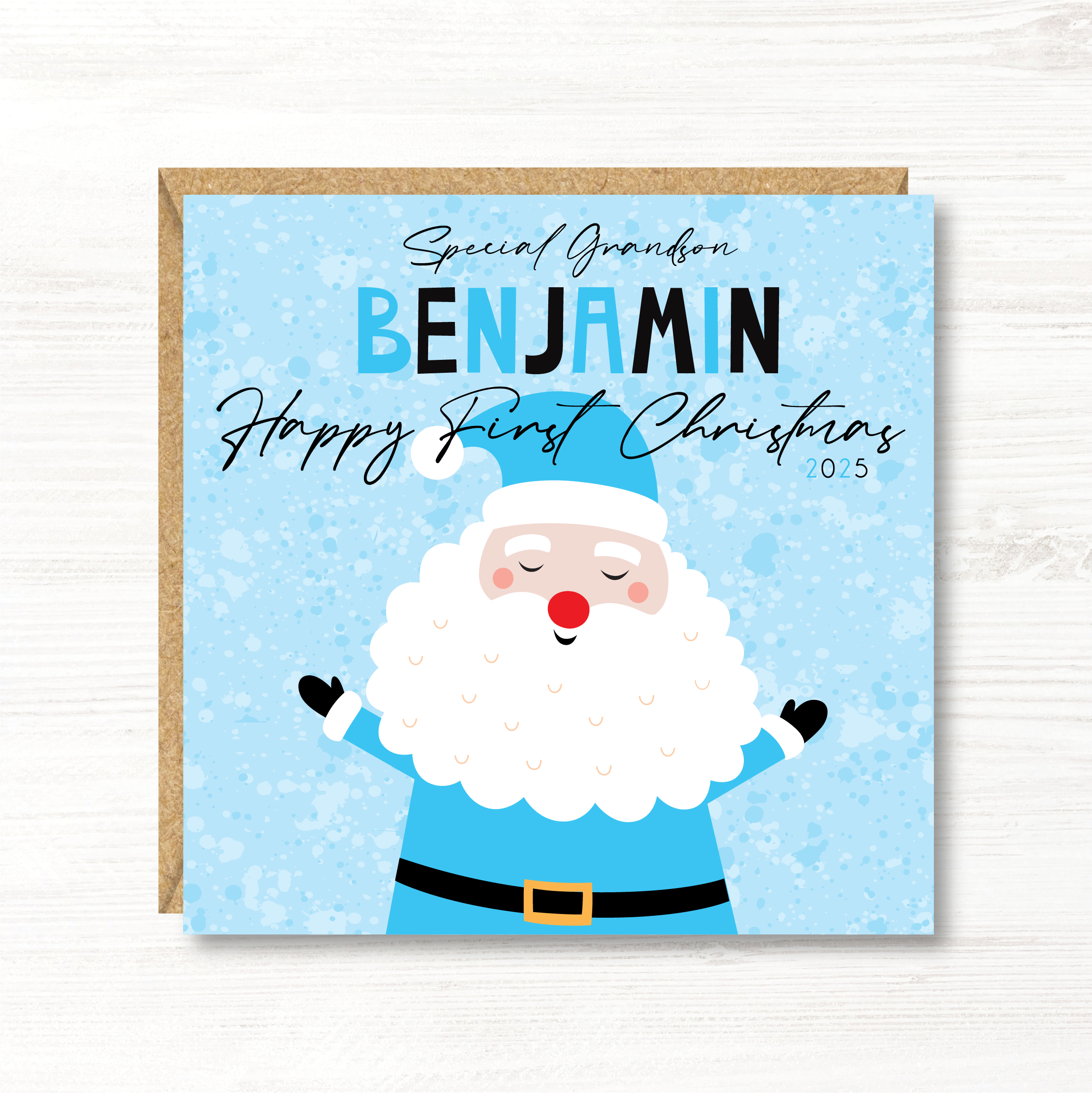 Personalised Boys First Christmas Card, Father Christmas, Son, Nephew, Godson, Brother, Great Grandson, Cousin
