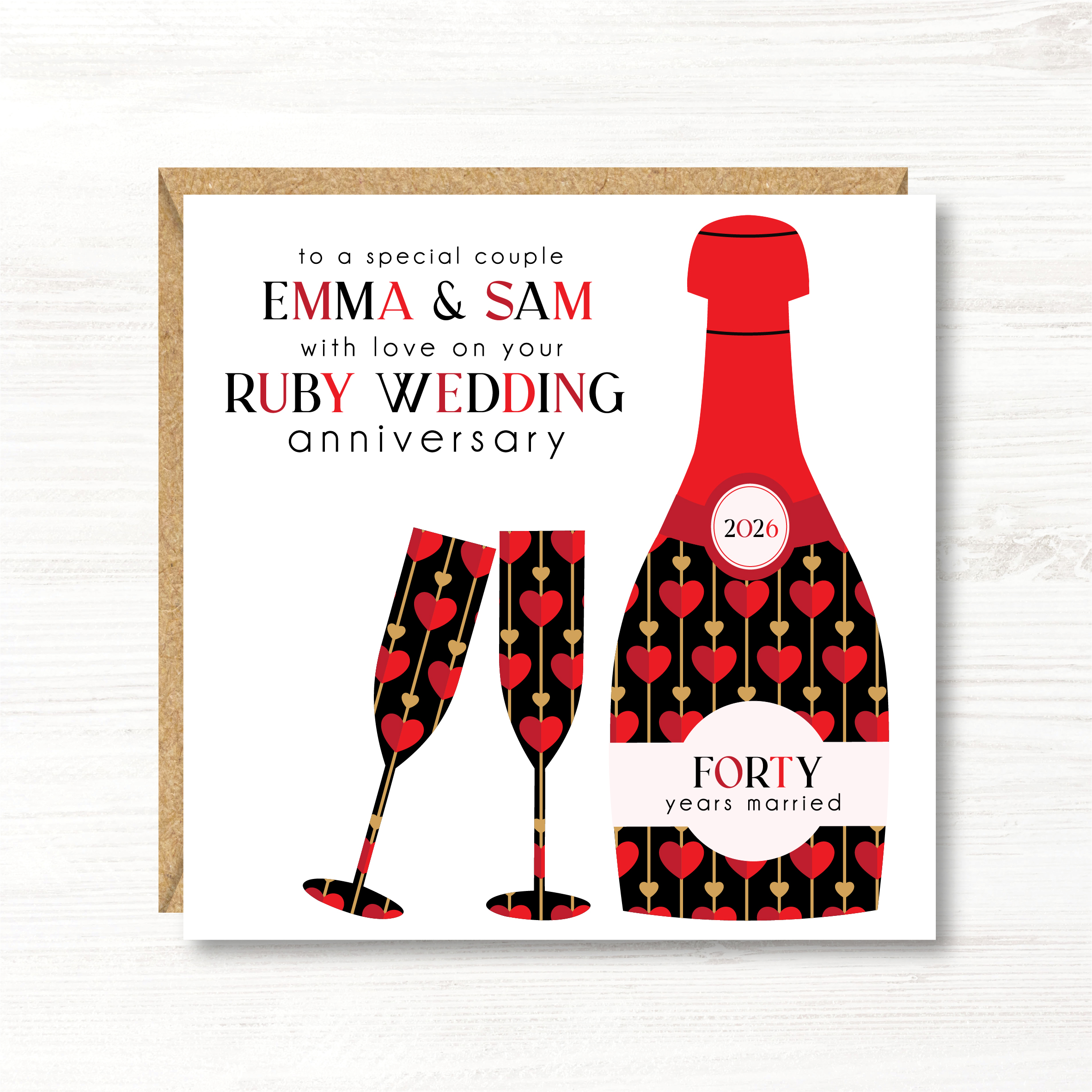 Personalised Ruby Wedding Anniversary Card, Couple, Friends, Sister, Brother, Daughter, Son, Niece, Nephew