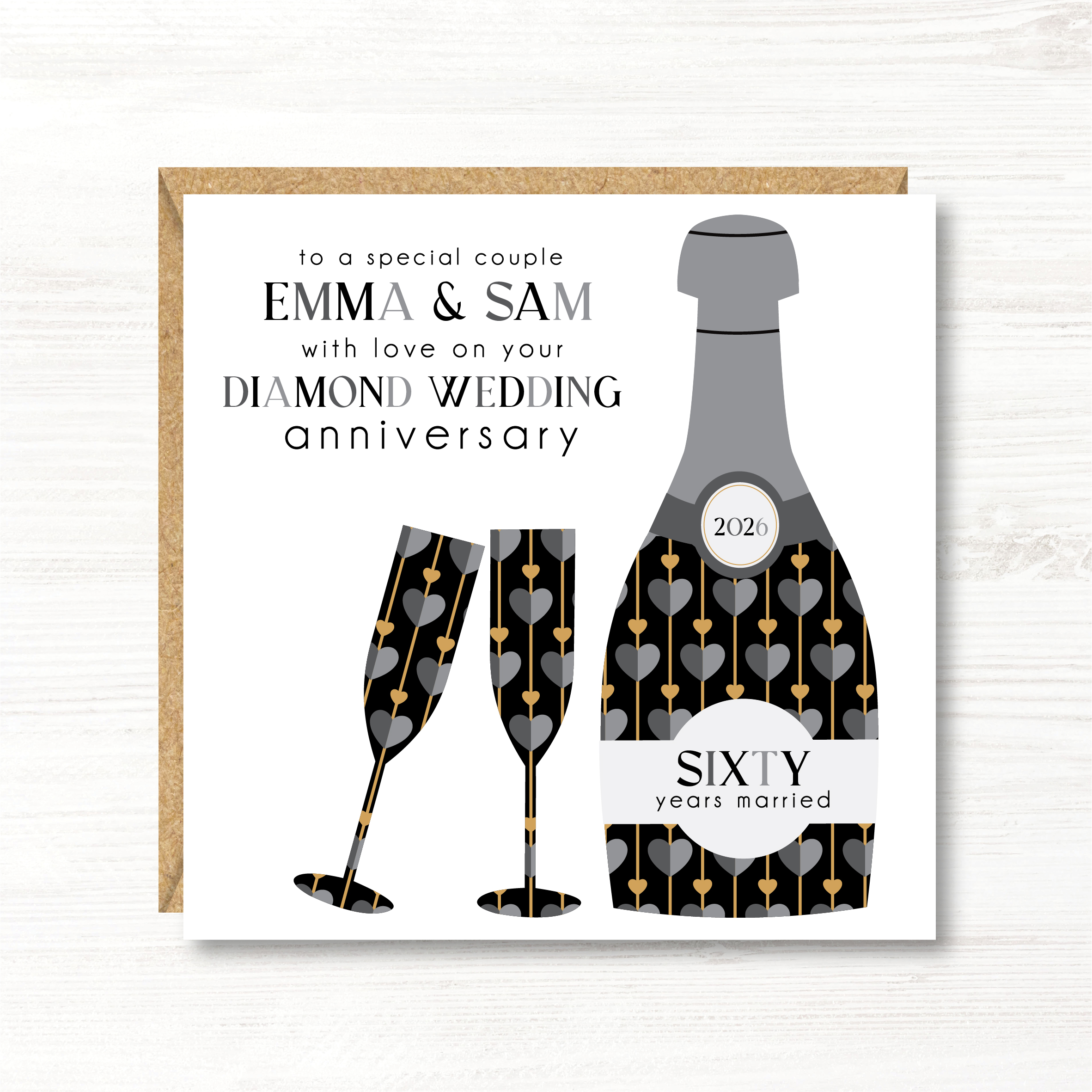 Personalised Diamond Wedding Anniversary Card, Couple, Friends, Sister, Brother, Daughter, Son, Niece, Nephew