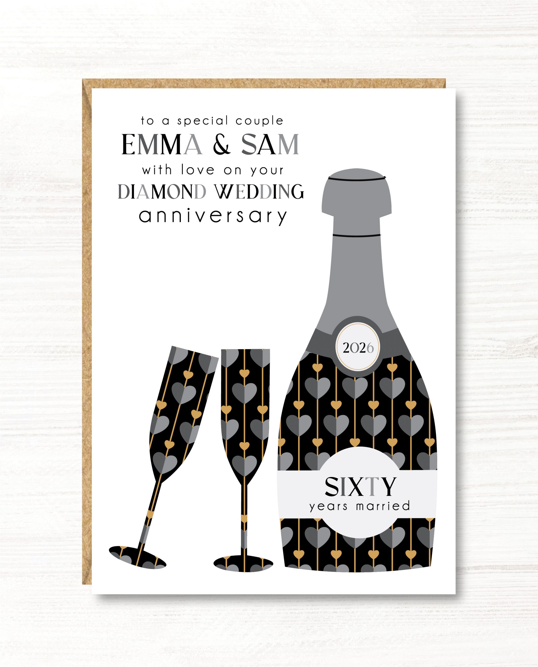 Personalised Diamond Wedding Anniversary Card, A5 size, Couple, Friends, Sister, Brother, Daughter, Son, Niece, Nephew