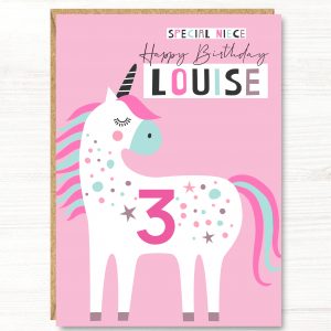 Personalised Unicorn Girl Birthday Card, 1st, 2nd, 3rd, 4th, 5th, 6th, 7th, 8th, Daughter, Niece Granddaughter, Goddaughter, Sister, A5 size