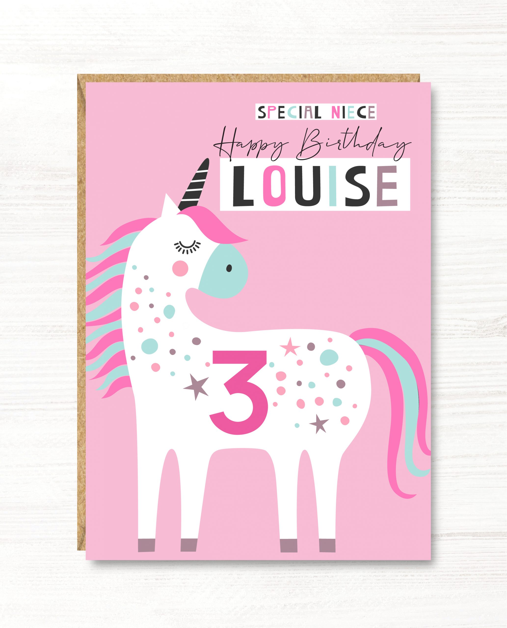Personalised Unicorn Girl Birthday Card, 1st, 2nd, 3rd, 4th, 5th, 6th, 7th, 8th, Daughter, Niece Granddaughter, Goddaughter, Sister, A5 size