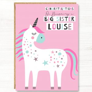 Personalised Unicorn Big Sister Card, A5 size
