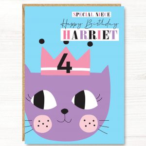 Personalised Cat Girl Birthday Card, 1st, 2nd, 3rd, 4th, 5th, 6th, 7th, 8th, Daughter, Niece Granddaughter, Goddaughter, Sister, A5 size