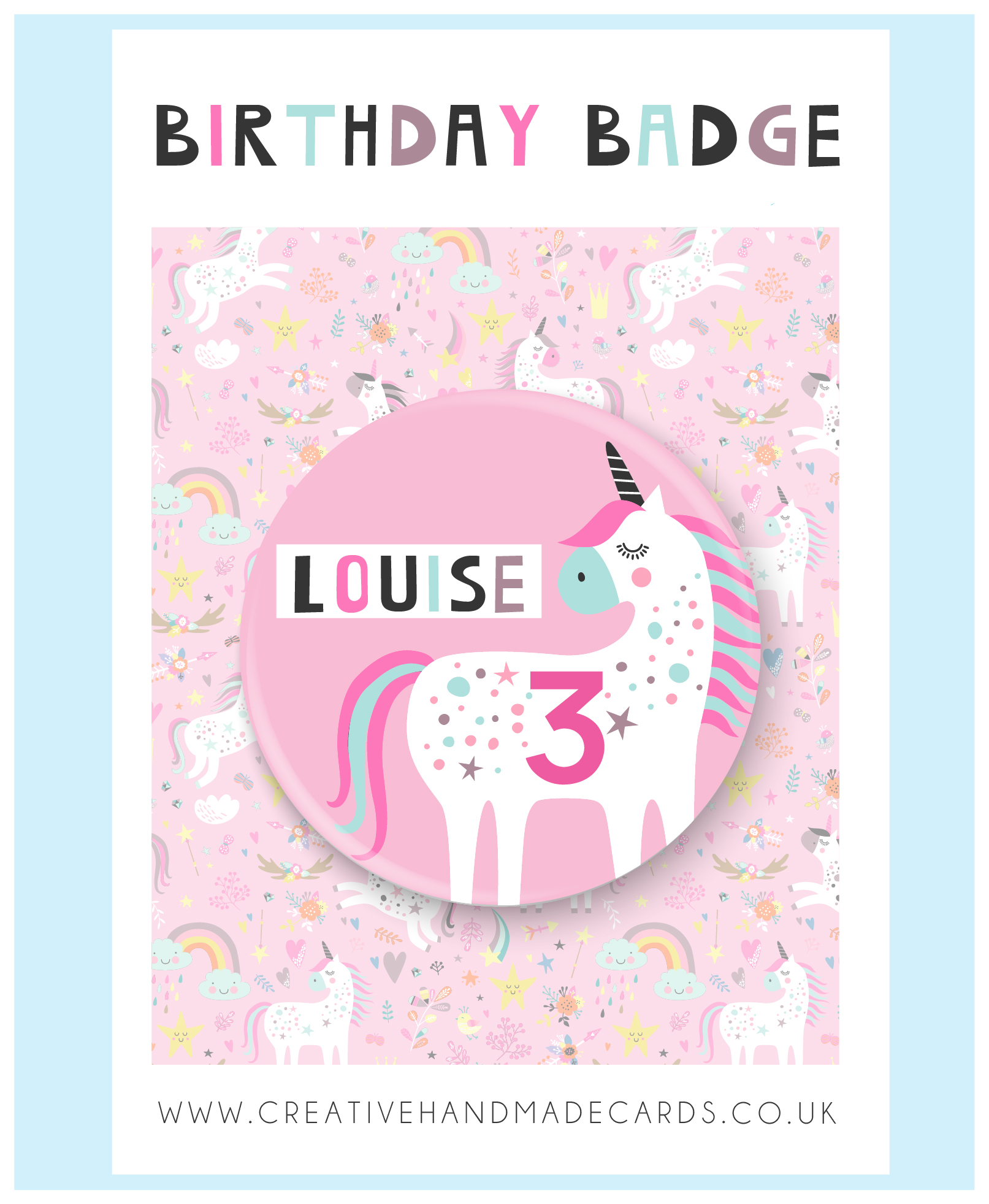 Personalised Unicorn Girls Age Birthday Badge, 1st, 2nd, 3rd, 4th, 5th, 6th, 7th, 8th, 9th