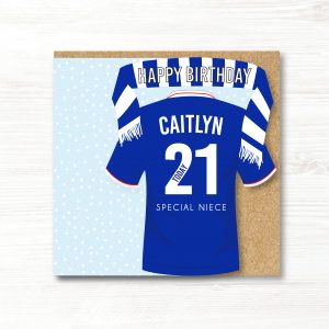 Personalised Handmade Football Birthday Card, Glasgow Rangers Colours, Any Age, Any Relation