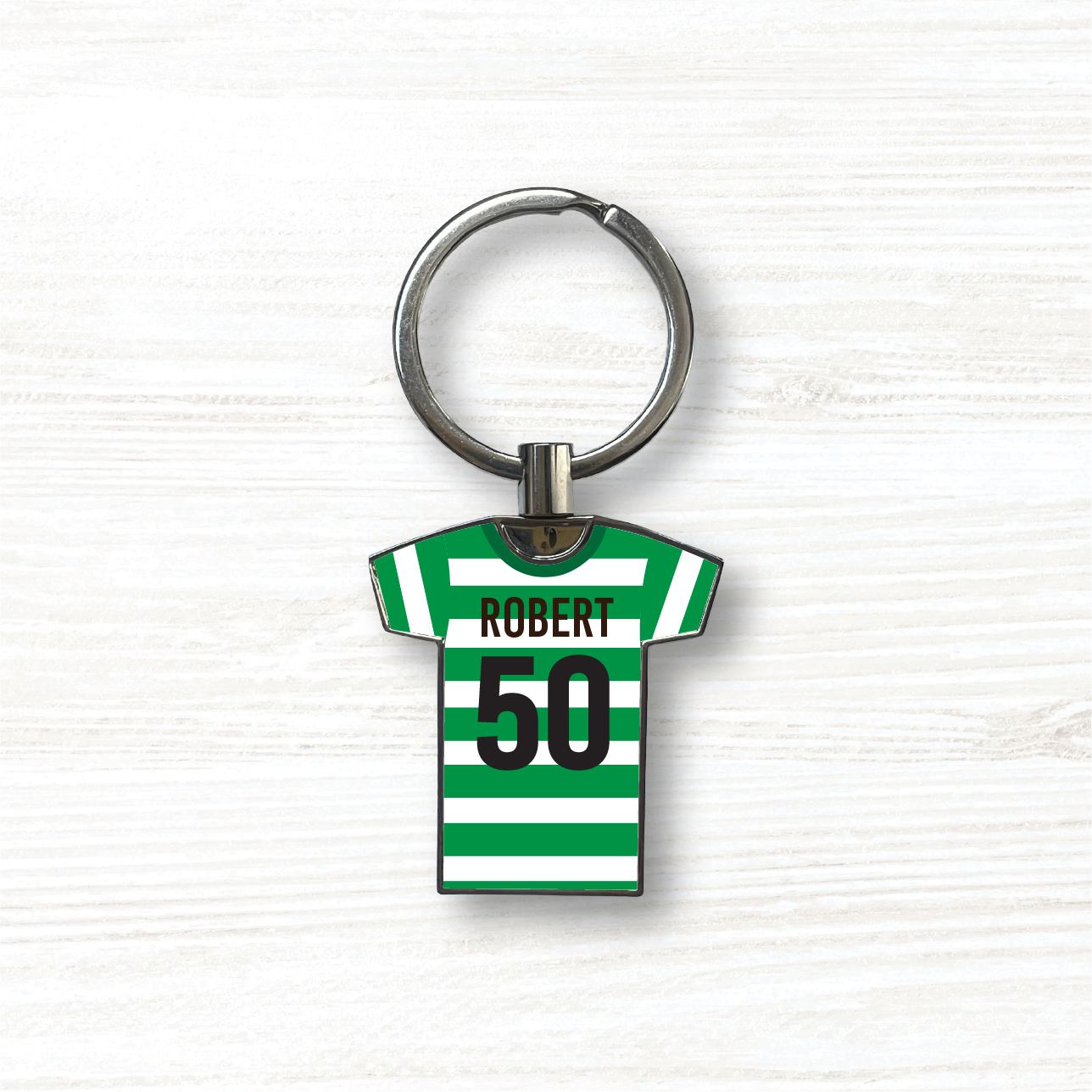 Personalised Handmade Metal Football Shirt Keyring, Celtic Colours - Image 2