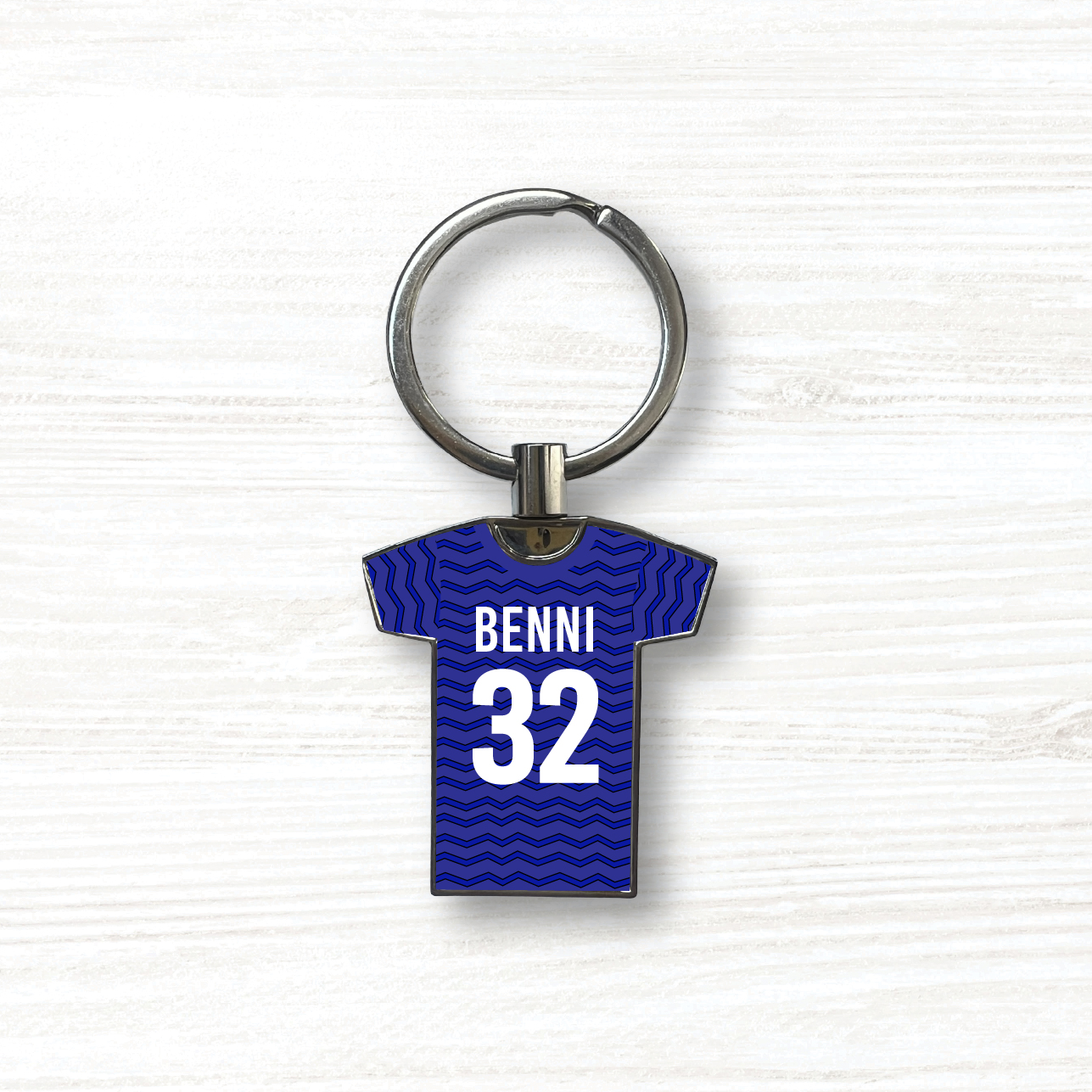 Personalised Handmade Metal Football Shirt Keyring, Everton Colours - Image 2