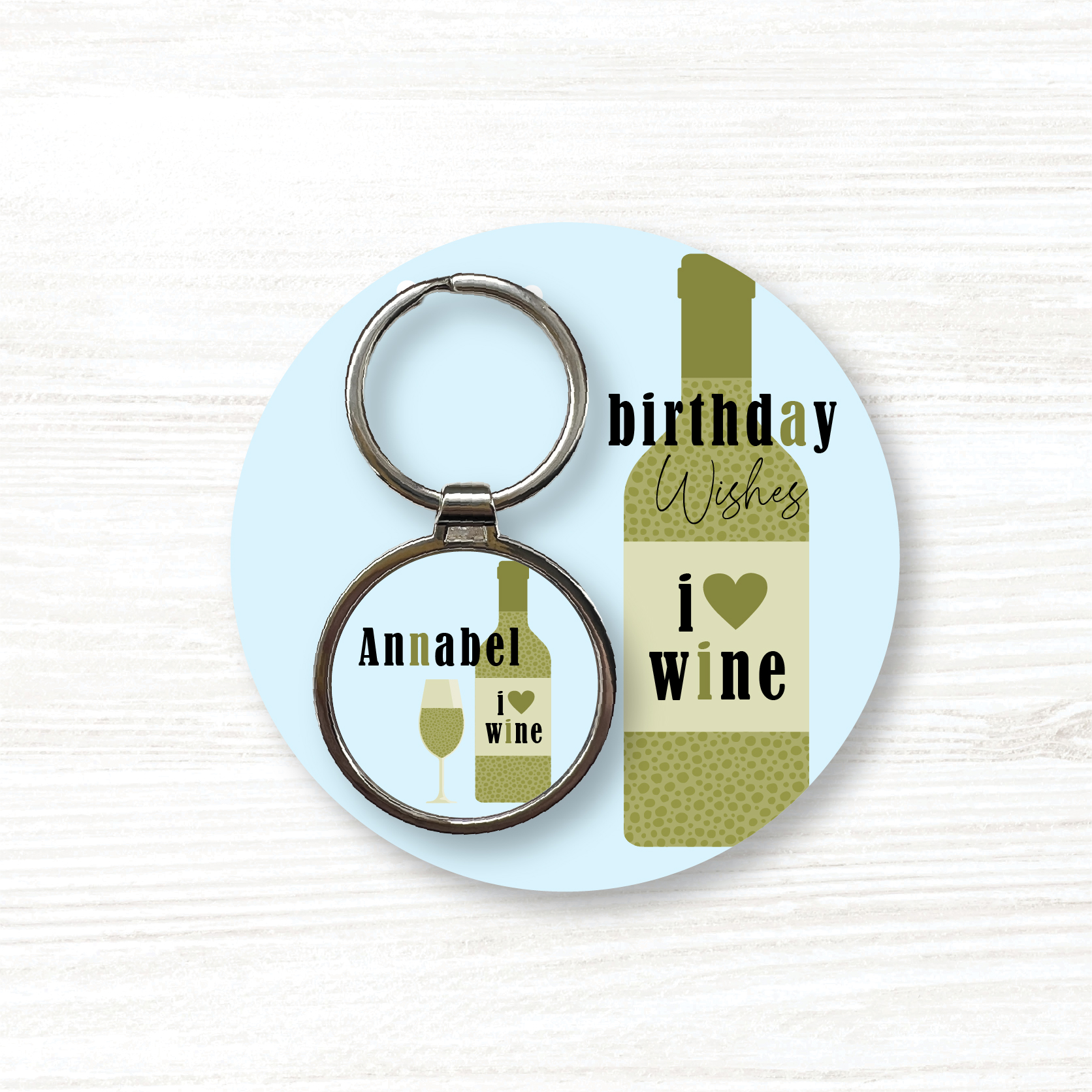 Personalised Handmade Round Metal Keyring, I Love Wine Keyring, Birthday Gift