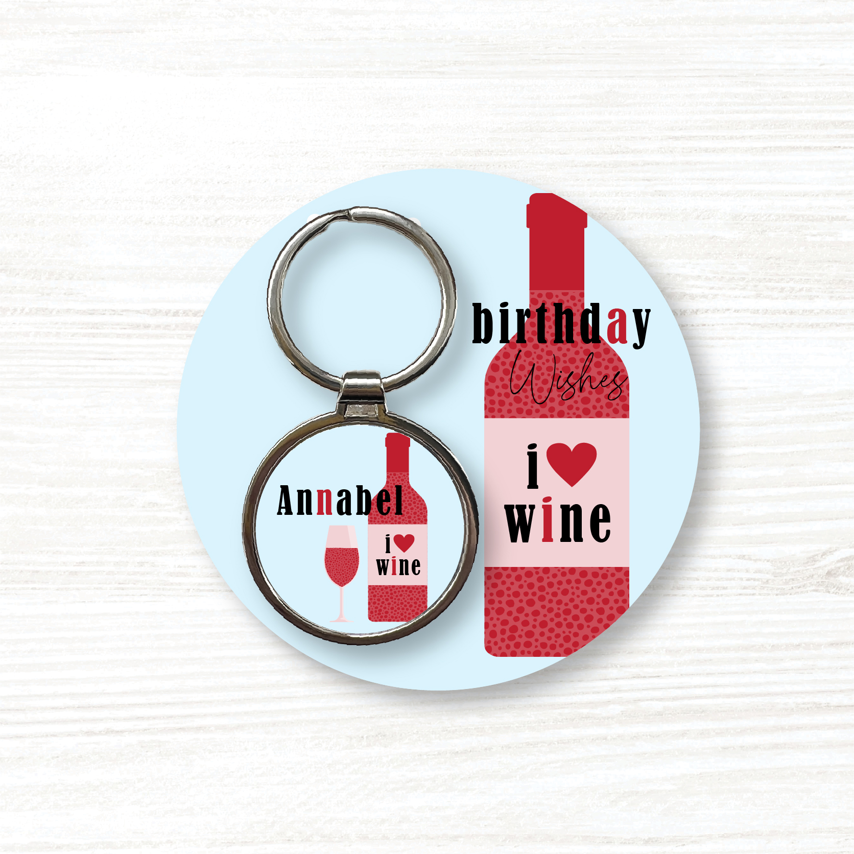 Personalised Handmade Round Metal Keyring, I Love Wine Keyring, Birthday Gift