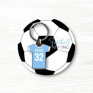 Personalised Handmade Metal Football Shirt Keyring, Manchester City Colours