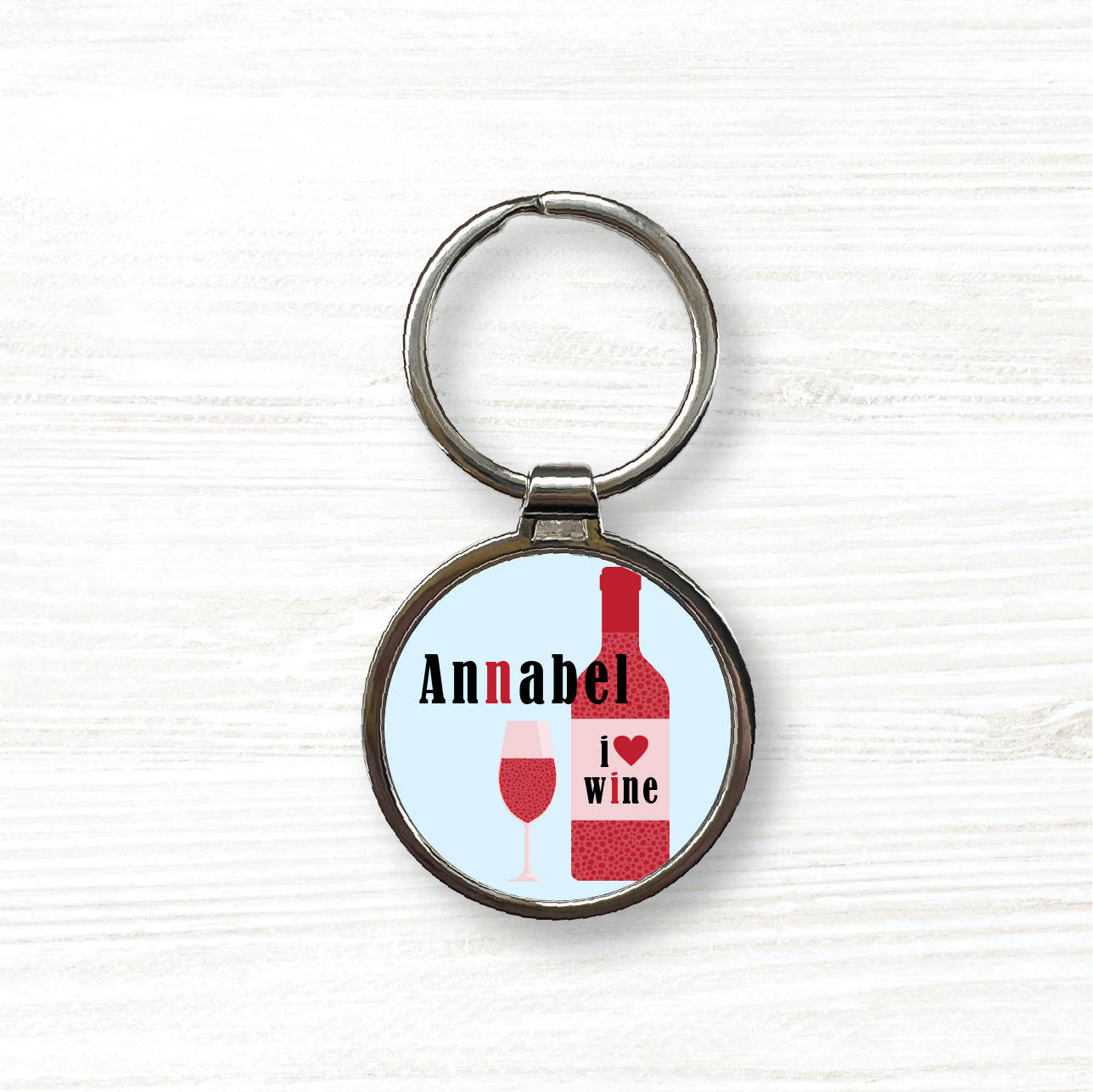 Personalised Handmade Round Metal Keyring, I Love Wine Keyring, Birthday Gift - Image 2