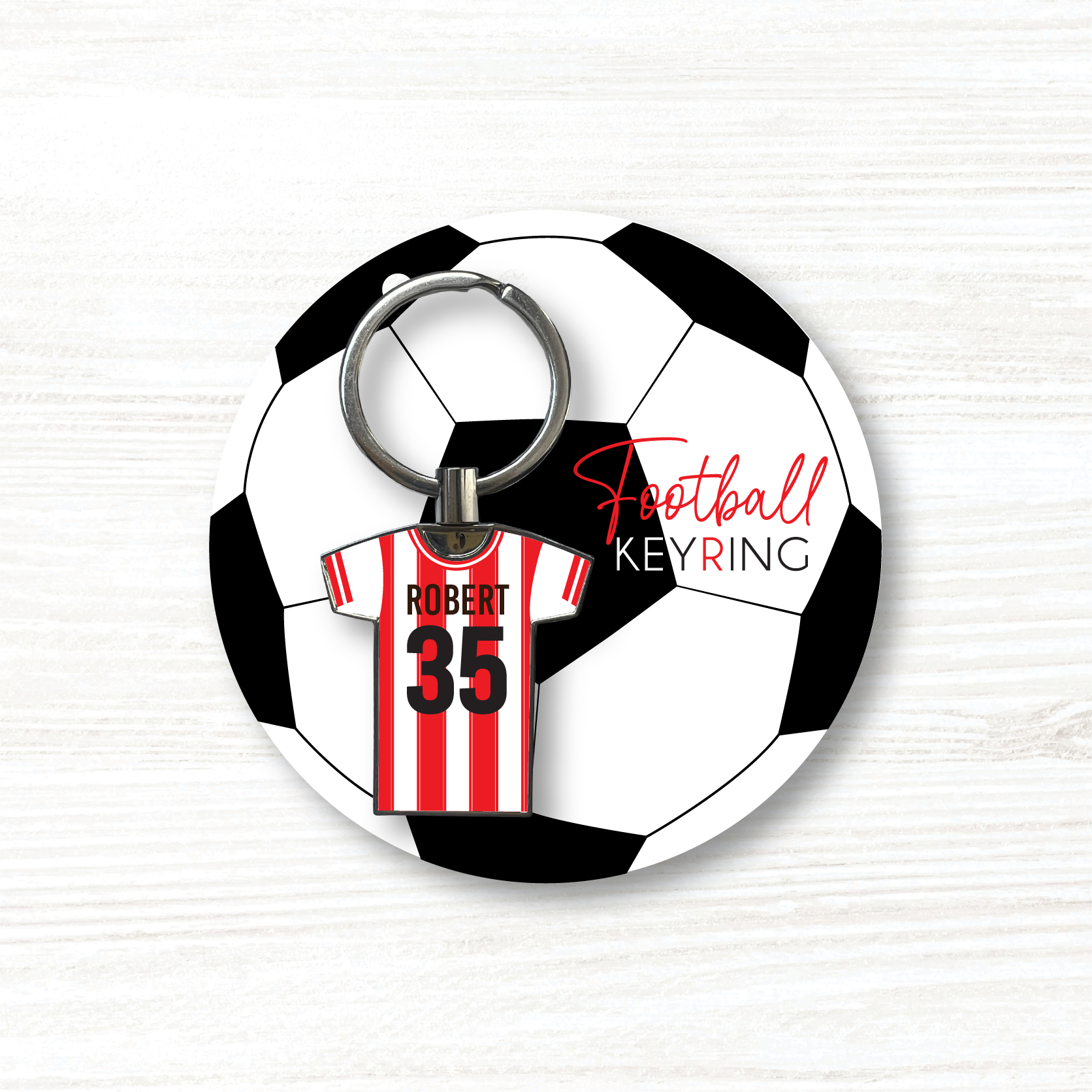 Personalised Handmade Metal Football Shirt Keyring, Brentford Colours