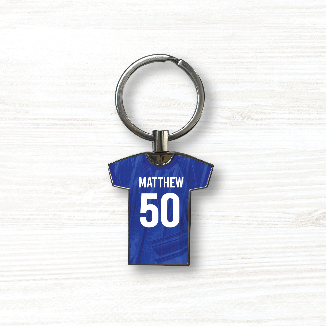 Personalised Handmade Metal Football Shirt Keyring, Chelsea Colours - Image 2