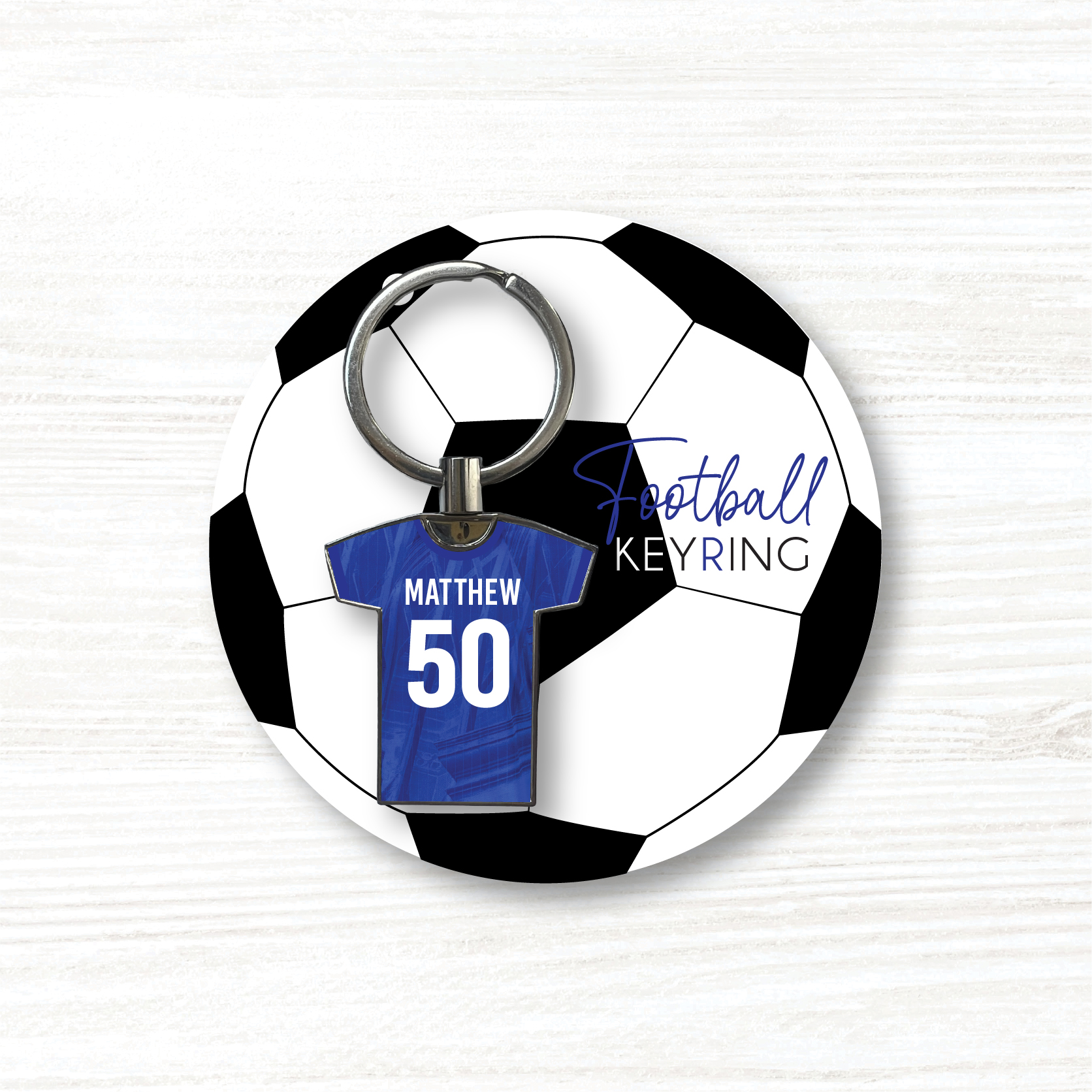 Personalised Handmade Metal Football Shirt Keyring, Chelsea Colours